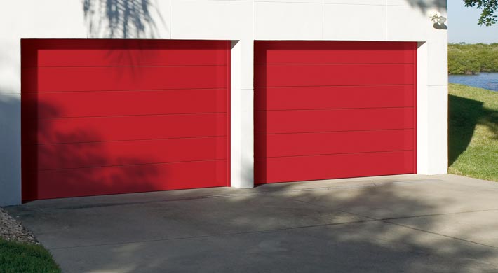 two side by side single red garage door, sectional style overhead garage doors for home