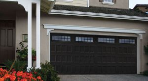 traditional style overhead residential home garage door, rectangle, white, steel